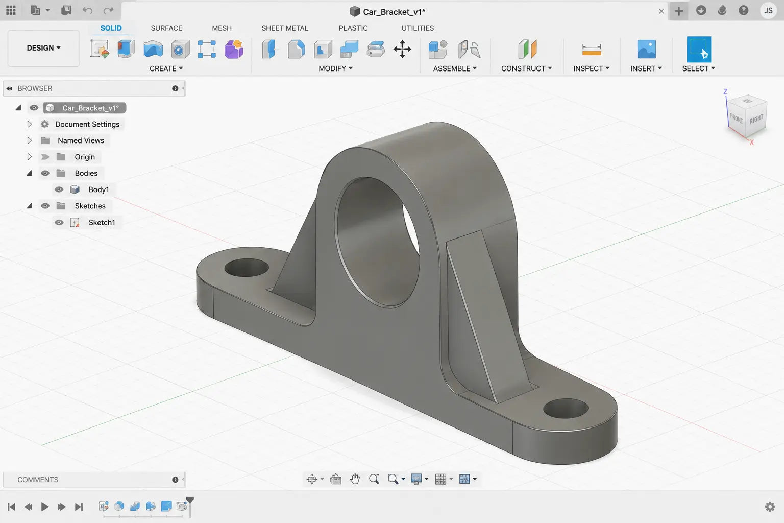 A 3D CAD model of a metal bracket, shown in gray within a software interface with a toolbar and a white grid workspace.
