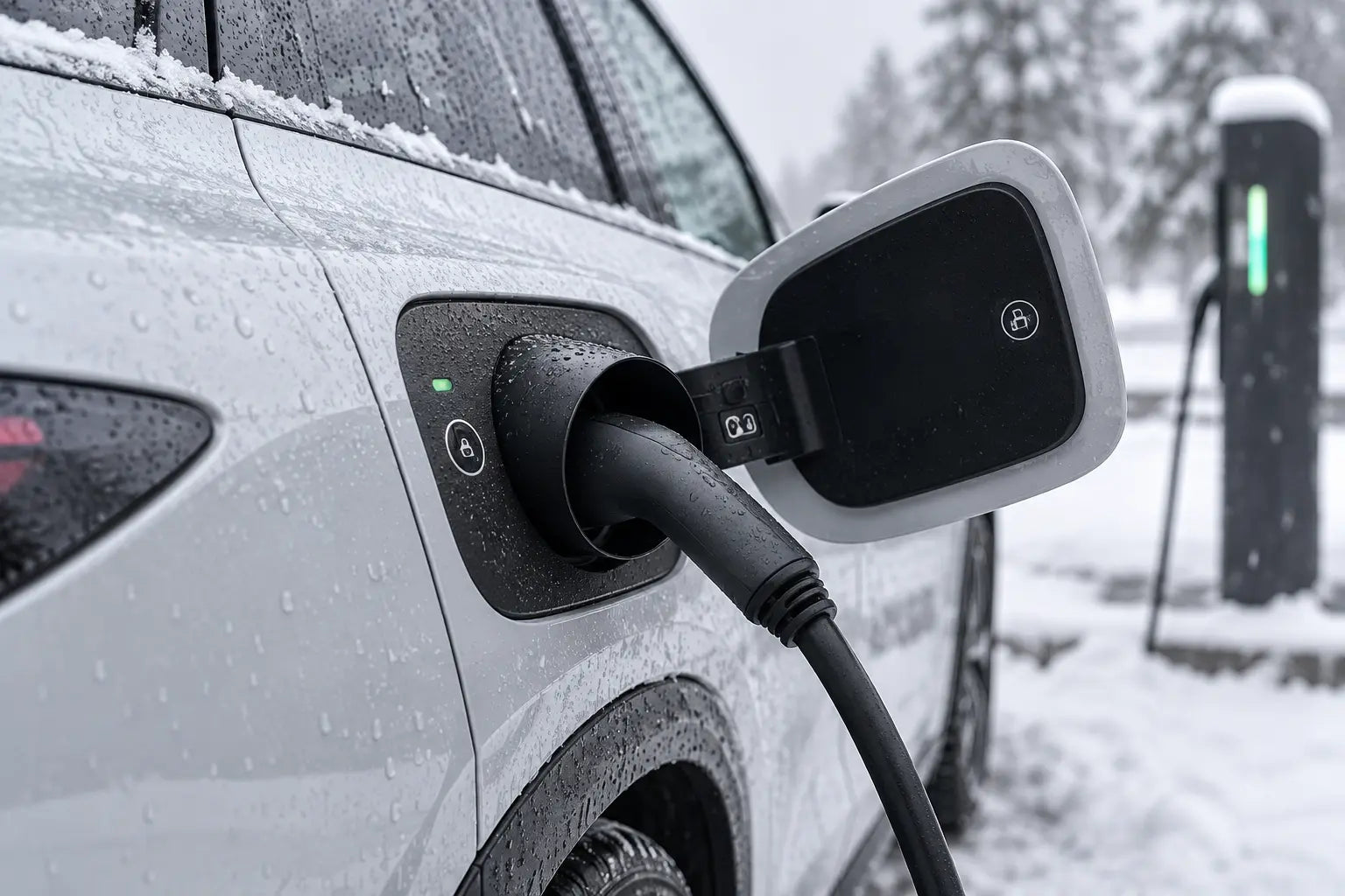 An electric vehicle charging connector plugged into a charging port on a white car in a snowy outdoor setting, with a charging station visible in the background.