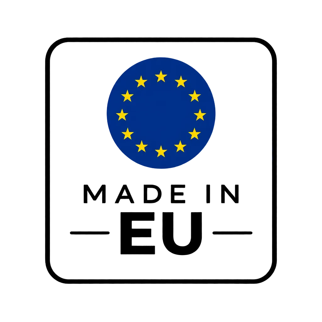 A square white badge with a black border, featuring a blue circle of yellow stars above the text 'MADE IN EU' in black. The badge is centered on a gray-and-white checkered transparency-style background.